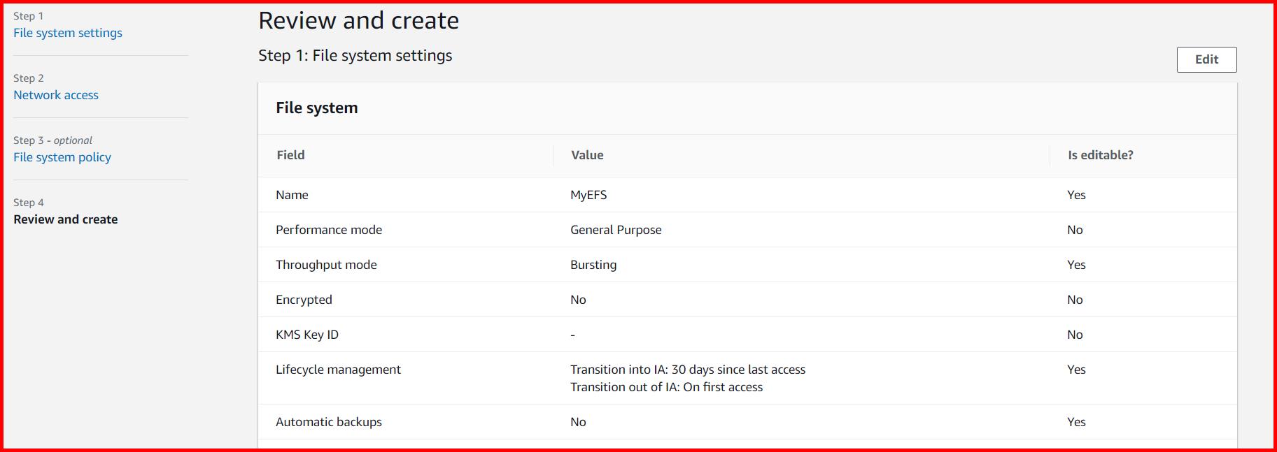 Picture showing the Review and create tab while creating EFS